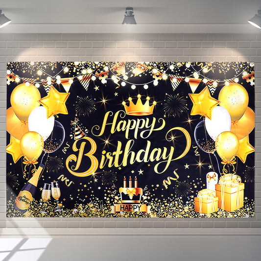 6x4FT Happy Birthday Backdrop Banner For Men Glitter Black Gold Birthday Background For Party Decoration, Vinyl Material, Lightweight, Wrinkle-Resistant