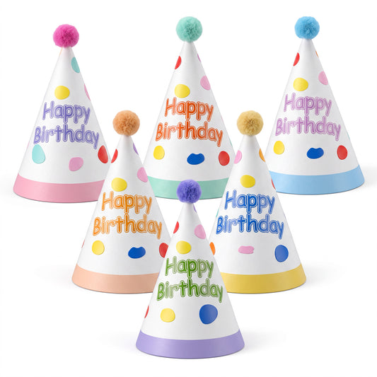 6Pcs Birthday Hats Adults, Happy Birthday Hat with Colorful Fur Pom Poms