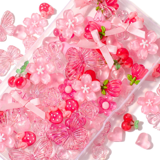 60 Pcs Cute Charms Pink Flat Back Charms Kawaii Craft Charms Resin Charms for Crafts Phone Case Junk Case DIY Kit Scrapbooking Decoration Patterns Include Cherries, Butterflies, Flowers, Stars, etc