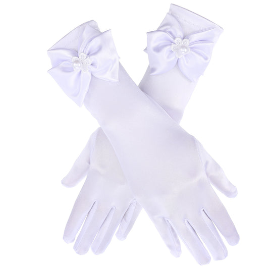 First Communion Gloves for Little Girls White Satin Gloves for Kids Tea Party Glove for Girls Satin Dress Glove for Birthday Pageant Holiday Costume Party