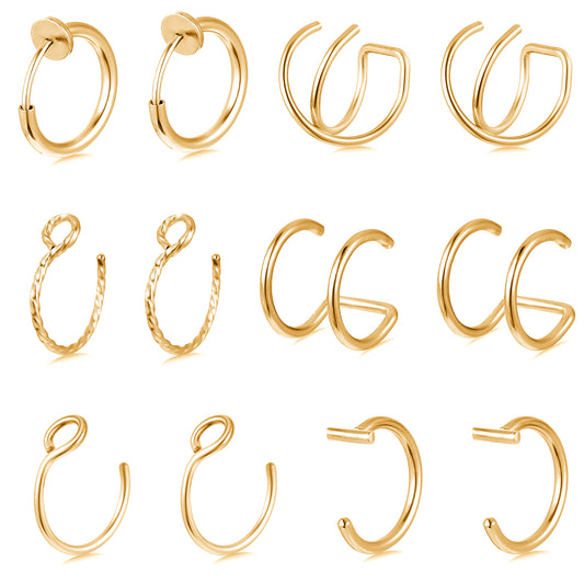 Lusofie 12Pcs Fake Nose Ring Gold, Fake Lip Ring Nose Cuffs, Clip on Faux Noses Rings Piercing for Women Men(Gold)