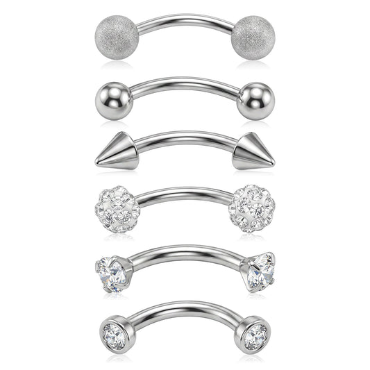 HekouJiub 6 Pcs Vertical Labret Jewelry, Stainless Steel Eyebrow Ring, 1.2mm (16G) Vertical Labret Lip Jewelry, Silver Curved Barbell Belly Rings Ear Rook for Women Men