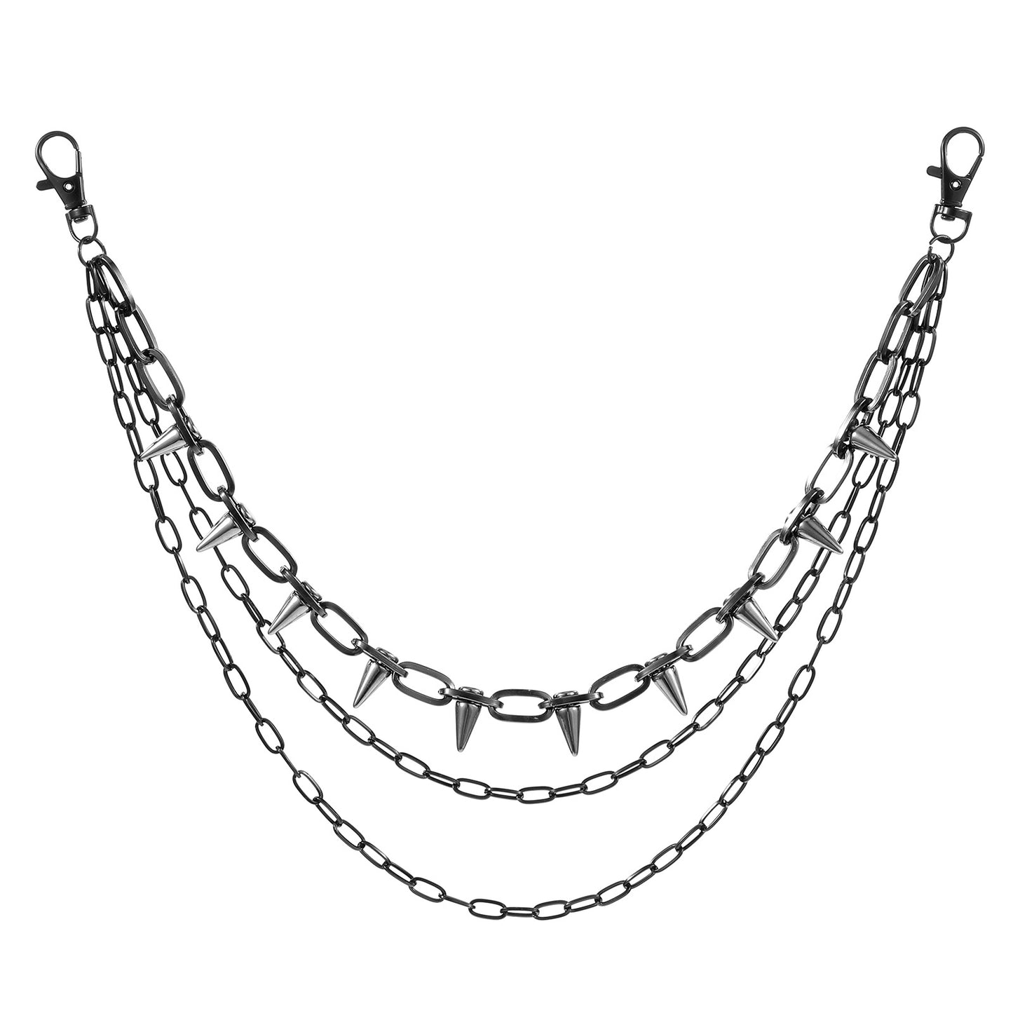 Punk Wallet Chain Harajuku Belt Chain with Lobster Clasps, Layered Hip Hop Pocket Chain for Men and Women, Spike Goth Jeans Chain, Body Jewellery Accessory, Black (3 Layer)