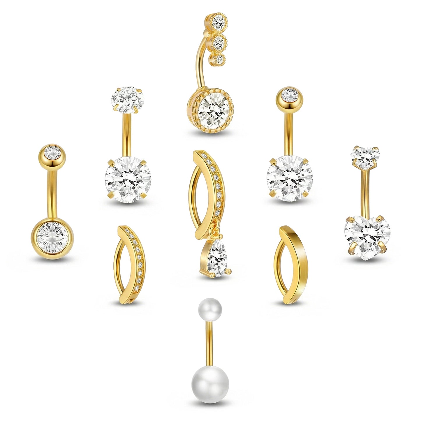 Josojoou 9PCS Steel 14G Navel Piercing Jewelry, Gold Belly Button Rings For Women, Clicker Hoop, Pearl, CZ, Heart Designs