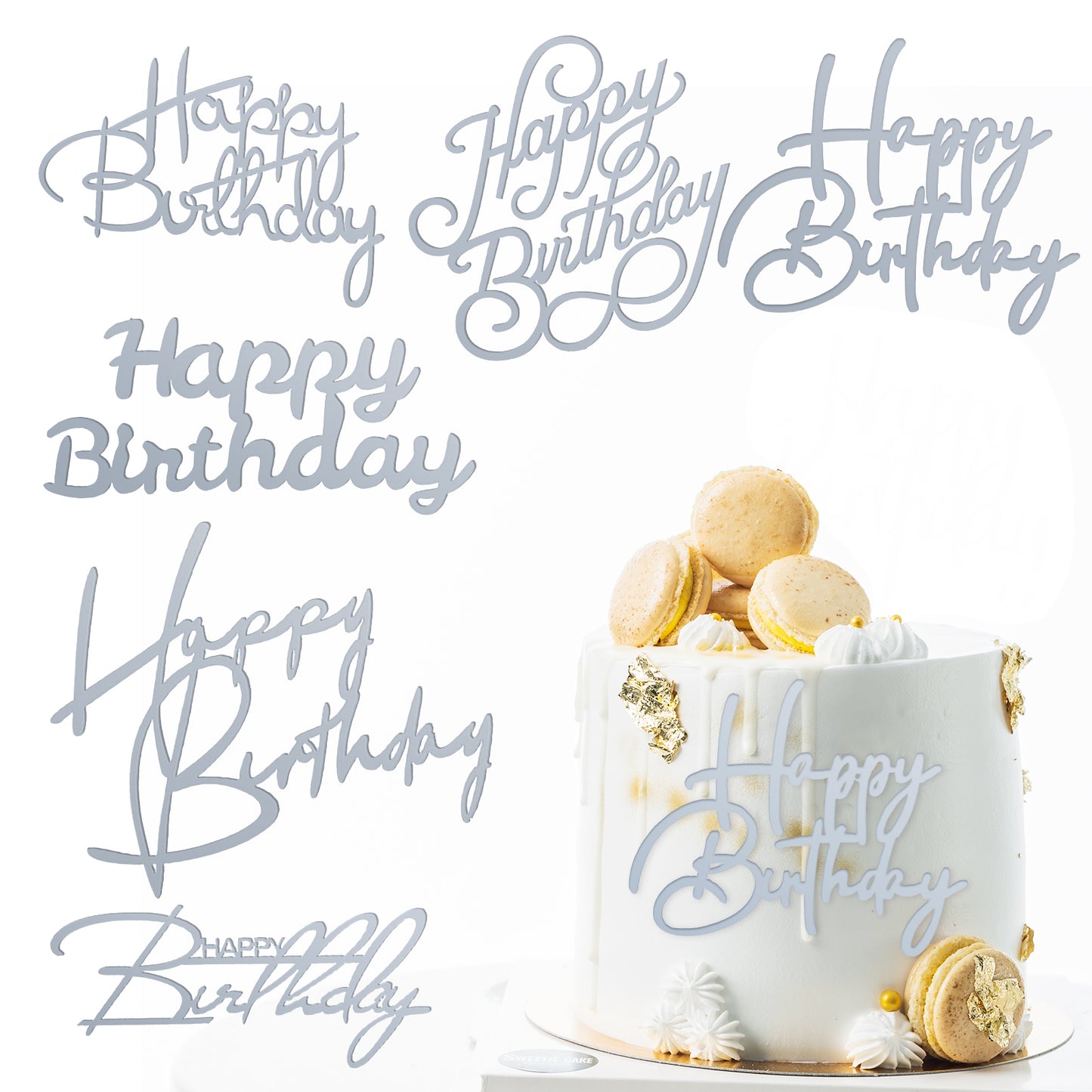 6 Pcs Silver Happy Birthday Cake Topper Side Mirror Acrylic Cake Topper Happy Birthday Cake Sign Decorations Silver Cake Inserts Cake Decor Supplies Silver Cupcake Toppers for Birthday Party Cake Dess