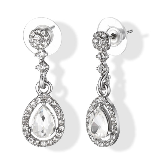 Silver Tear Drop Earrings Jewelry - Diamond Dangle Earrings with Teardrop Crystal Rhinestone Drop Dangling Wedding Earring