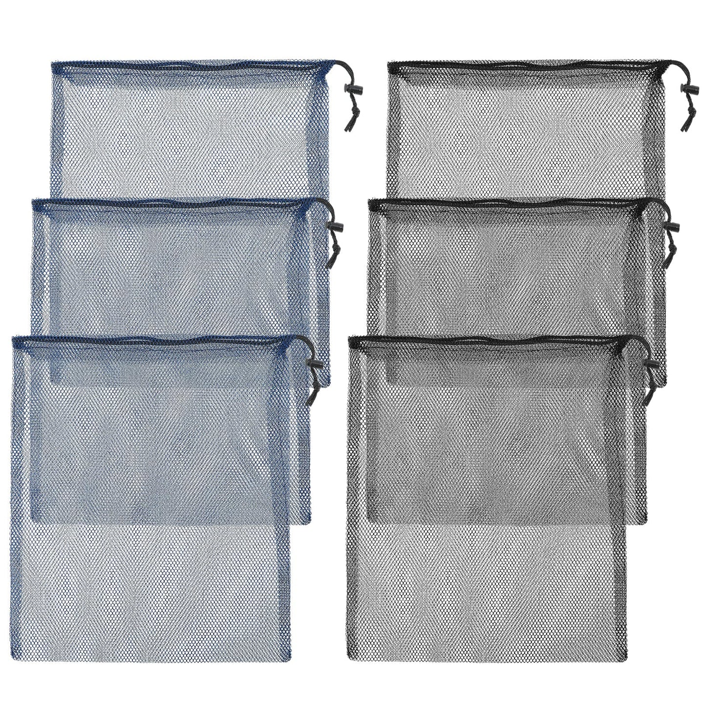 Tucnoeu 6Pcs Mesh Drawstring Bag,Scalloping Bag 13.7 x 15.7 inches Polyester Small Drawstring Pouch for Flushing Beach Toys,Shell Collection,Mesh Bags and Travel Black, Navy