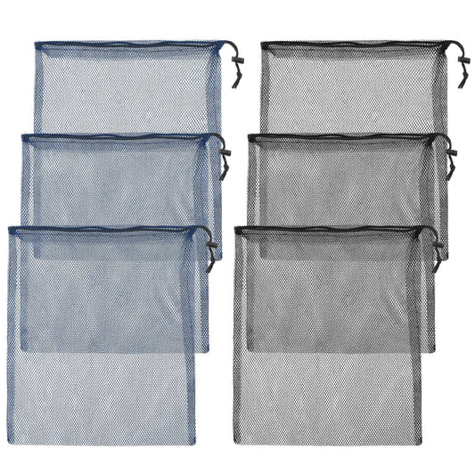 Tucnoeu 6Pcs Mesh Drawstring Bag,Scalloping Bag 13.7 x 15.7 inches Polyester Small Drawstring Pouch for Flushing Beach Toys,Shell Collection,Mesh Bags and Travel Black, Navy