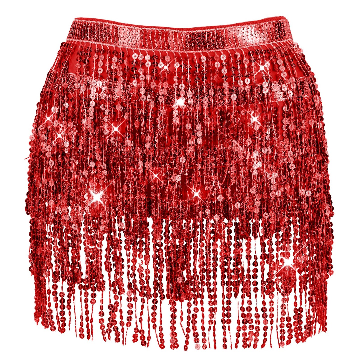 Lusofie Sequins Skirt Tassel Belly Dance Hip Skirt Latin Sparkle Skirt Fringe Rave Skirt Outfit for Women Girls(Red, Tie-up Around Waist, S)