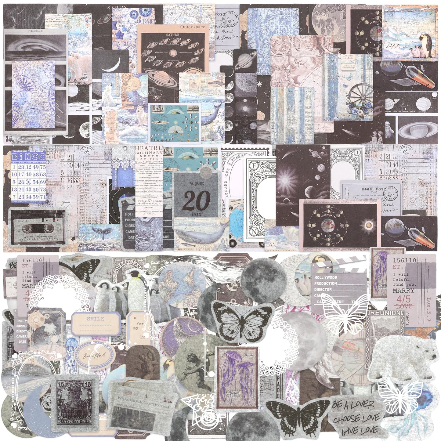 Lusofie 200 Pcs Vintage Scrapbook Kit Scrapbook Stickers Collage Stickers Journaling Scrapbook for Scrapbooking Materials, Planner DIY Arts Craft Collage