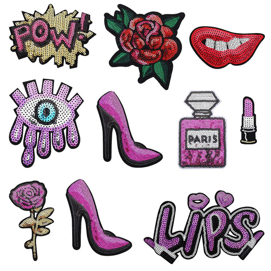 Yolev 10 Pieces Purple Sequin Iron-on Patches DIY Embroidered Patches Sew On Sequins Applique Glitter Shoes Curtain for Jeans, Bags, Clothing, Arts Crafts DIY