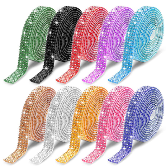 HekouJiub 10 Rolls Rhinestone Ribbon Self Adhesive Rhinestone Strips Assorted Colors Bling Crystal Tape Bedazzling Strips for DIY Phone Car Decorations (Each Roll 1 Yard)