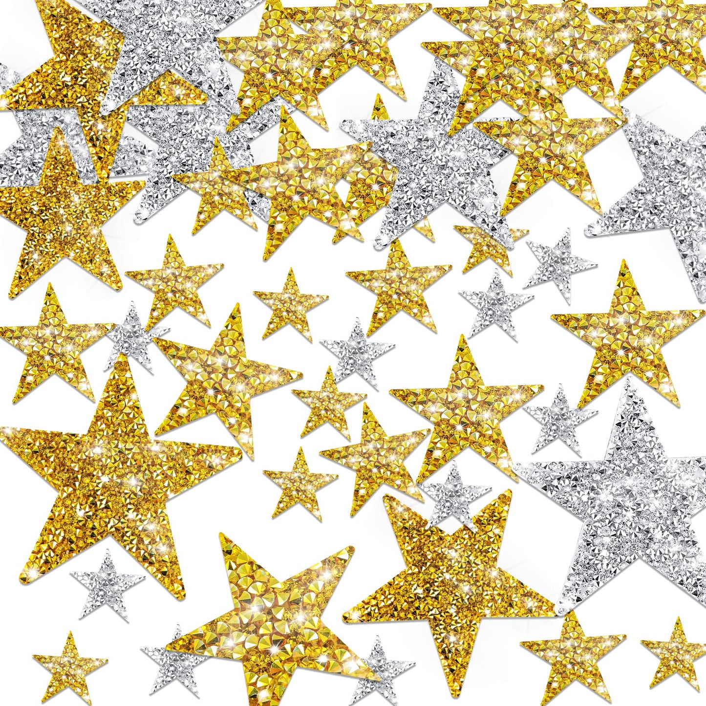 Lusofie 32pcs Star Patches Iron On 4Size Bling Star Appliques Rhinestone Adhesive Gold Glitter Star Iron on Patches Silver Embroidered Star Patches Bling Rhinestone Appliques Embellishments Patches in