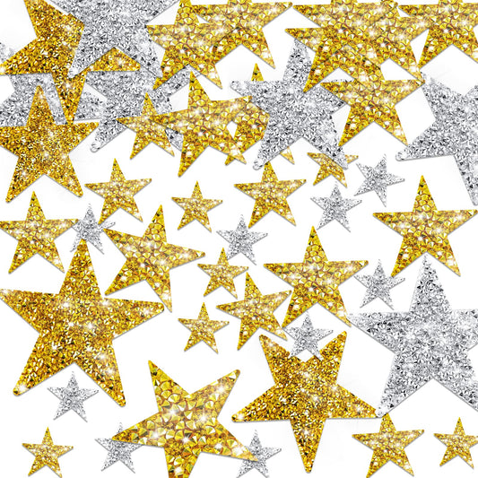 Lusofie 32pcs Star Patches Iron On 4Size Bling Star Appliques Rhinestone Adhesive Gold Glitter Star Iron on Patches Silver Embroidered Star Patches Bling Rhinestone Appliques Embellishments Patches in