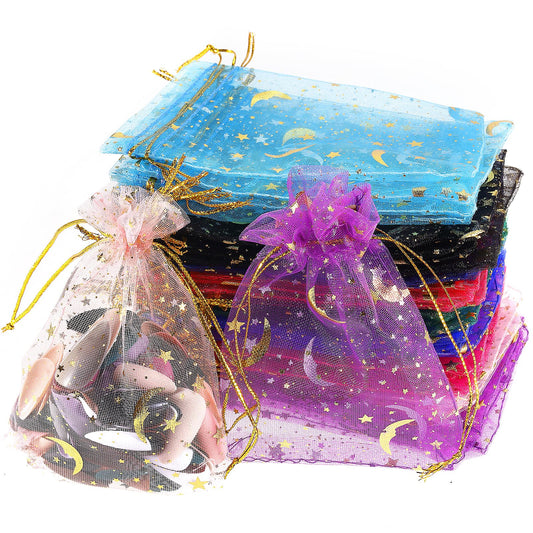 Yolev 100 Pieces Moon Star Organza Bags Jewelry Gift Bags Gold Favor Pouch Gift Bags for Valentine's Day Wedding Christmas Festival Party Favors