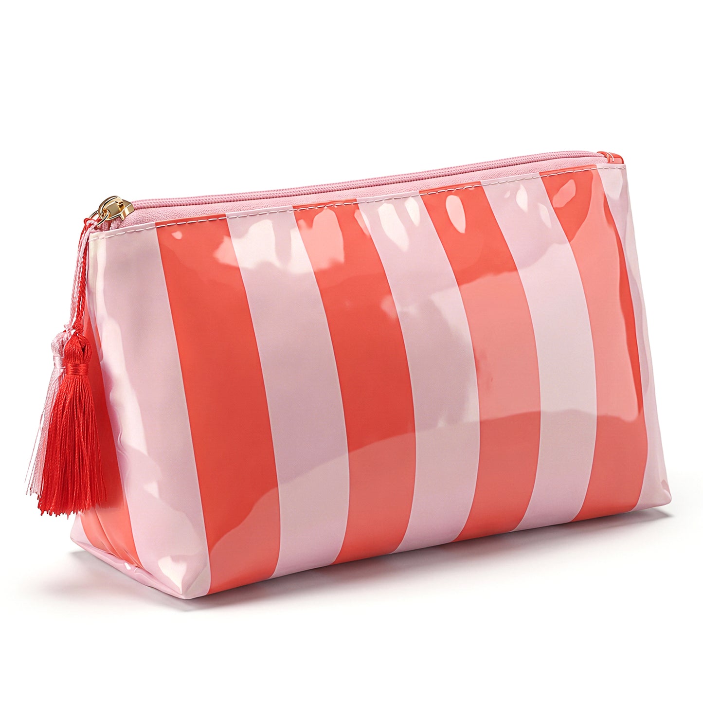 Striped Makeup Bag, PVC Waterproof Cosmetic Bag for Purse, Orange Travel Cosmetic Bags for Women