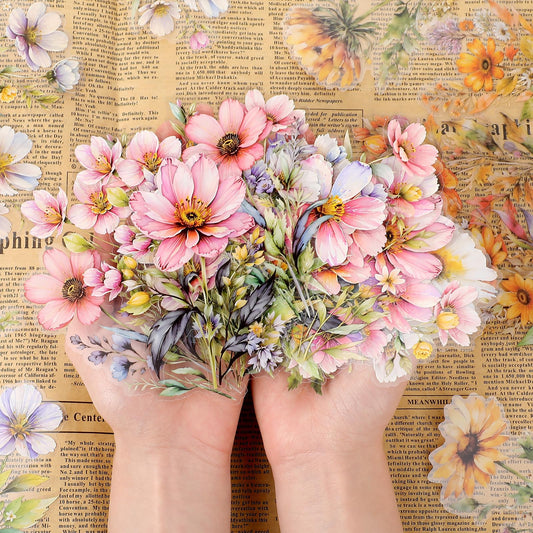 80 Pcs Transparent Flower Stickers Watercolor Floral Journaling Stickers Self Adhesive PET Natural Flower Vintage Floral Stickers for Scrapbooking Junk Journal Planners