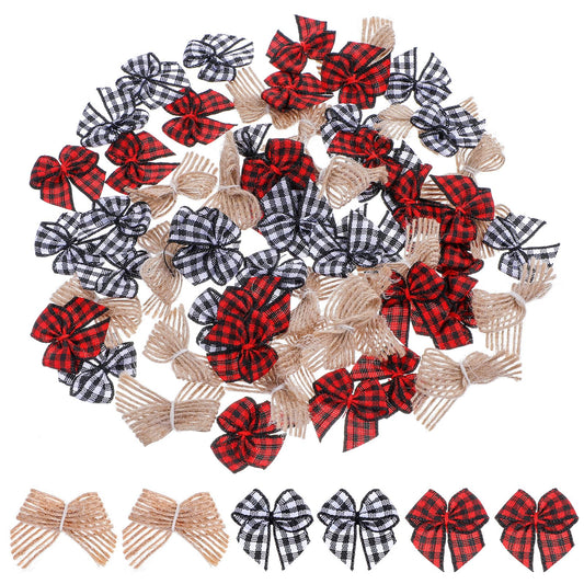 60Pcs Christmas Mini Bows for Crafts, Burlap Bows Buffalo Plaid Bows Black Red White Mini Ribbon Bows for Christmas Tree Gift Decorations DIY Making