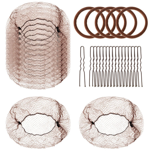 Hair Nets for Buns 30PCS Invisible Hair Net with 40PCS U Shaped Hair Pins and 5PCS Hair Elastic Bands,Brown Tulle hair net for Women, Nurse, Ballet Bun Maker Dance (Brown)