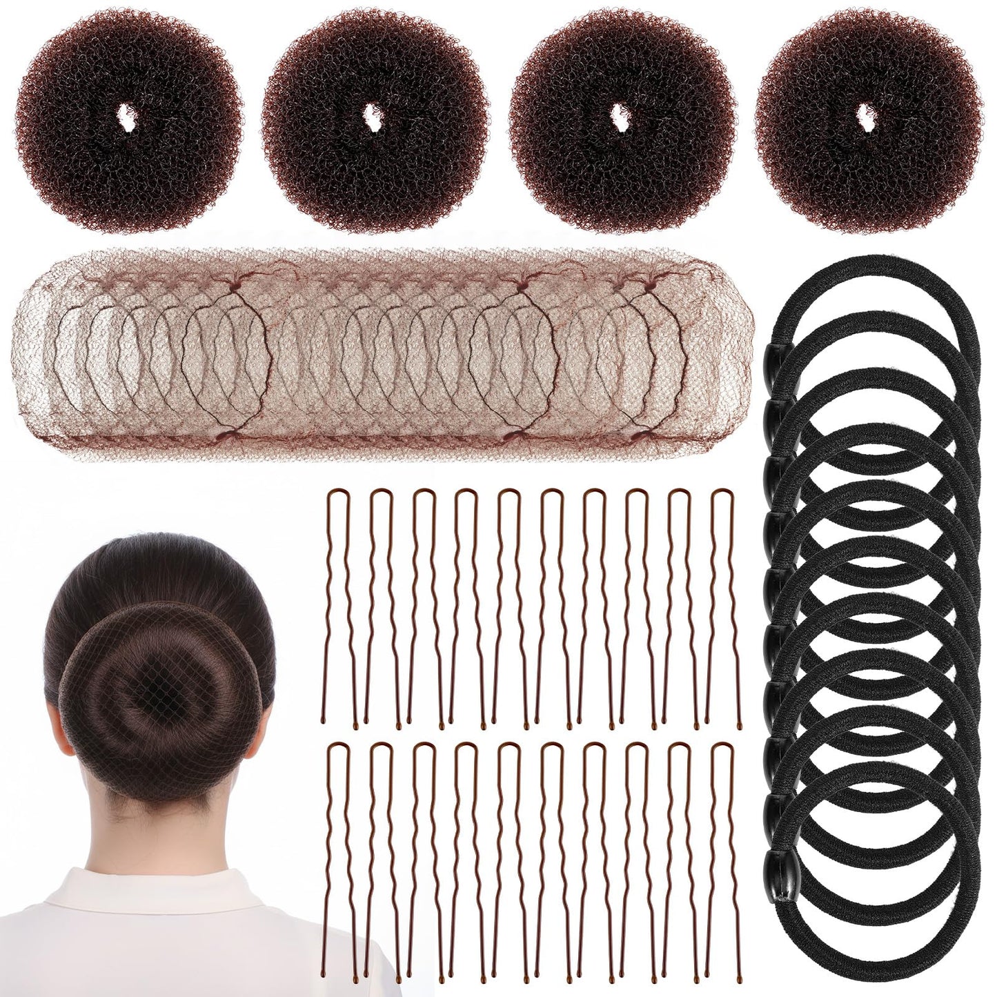 Brown Hair Bun Maker Kit for Kids & Adults - 4 Donut Bun, 100 U-Pins, 20 Buns Hair Net, 10 Elastic Bands | Perfect for Ballet, Dance, Everyday Buns Hairstyles