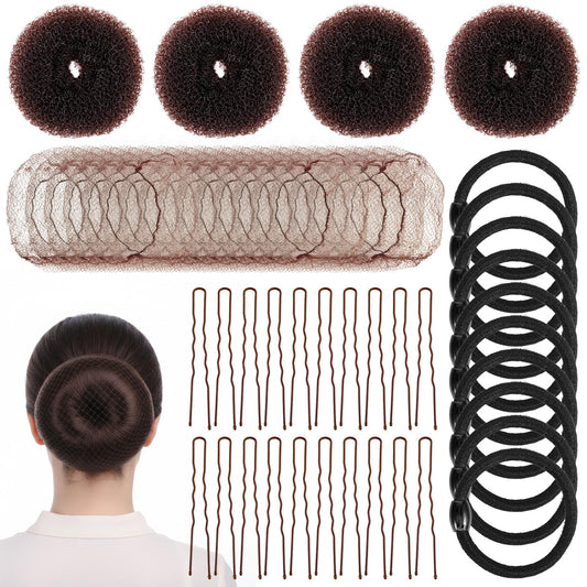 Brown Hair Bun Maker Kit for Kids & Adults - 4 Donut Bun, 100 U-Pins, 20 Buns Hair Net, 10 Elastic Bands | Perfect for Ballet, Dance, Everyday Buns Hairstyles
