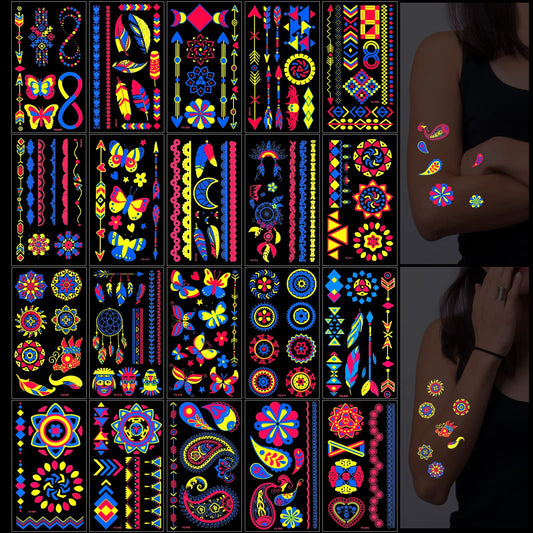 Lusofie 20 Sheet Glow in The Dark Tattoos, Temporary Tattoos Fluorescence UV Neon Body Face Fake Waterproof Tattoo Stickers for Adults Kids, Rave Festival Accessory Party Supplies