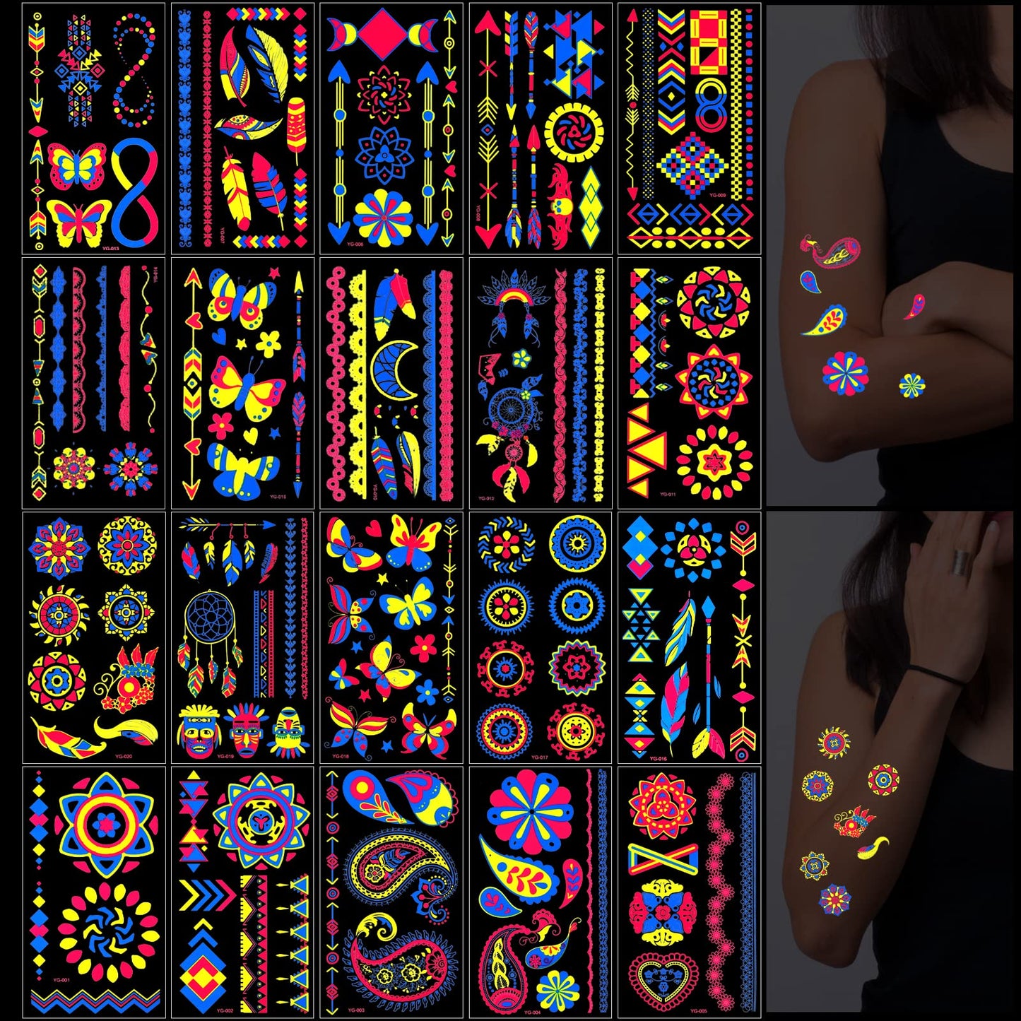 Lusofie 20 Sheet Glow in The Dark Tattoos, Temporary Tattoos Fluorescence UV Neon Body Face Fake Waterproof Tattoo Stickers for Adults Kids, Rave Festival Accessory Party Supplies