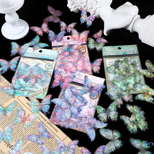 80 PCS Holographic Butterfly Stickers Set Shiny Transparent 3D Butterflies for DIY Scrapbooking, Decorating Cups, Notebooks, Cards, Laptops, Walls, Windows