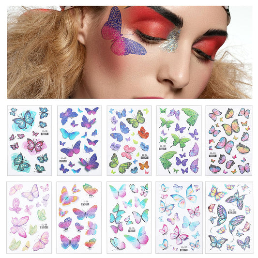 Glitter Butterfly Tattoos Temporary 10 Sheets Colorful Small Butterfly Tattoo Stickers Butterflies Wings Realistic Fake Tattoos Stickers Waterproof Temporary Tattoos for Women Kids Face Eye Makeup
