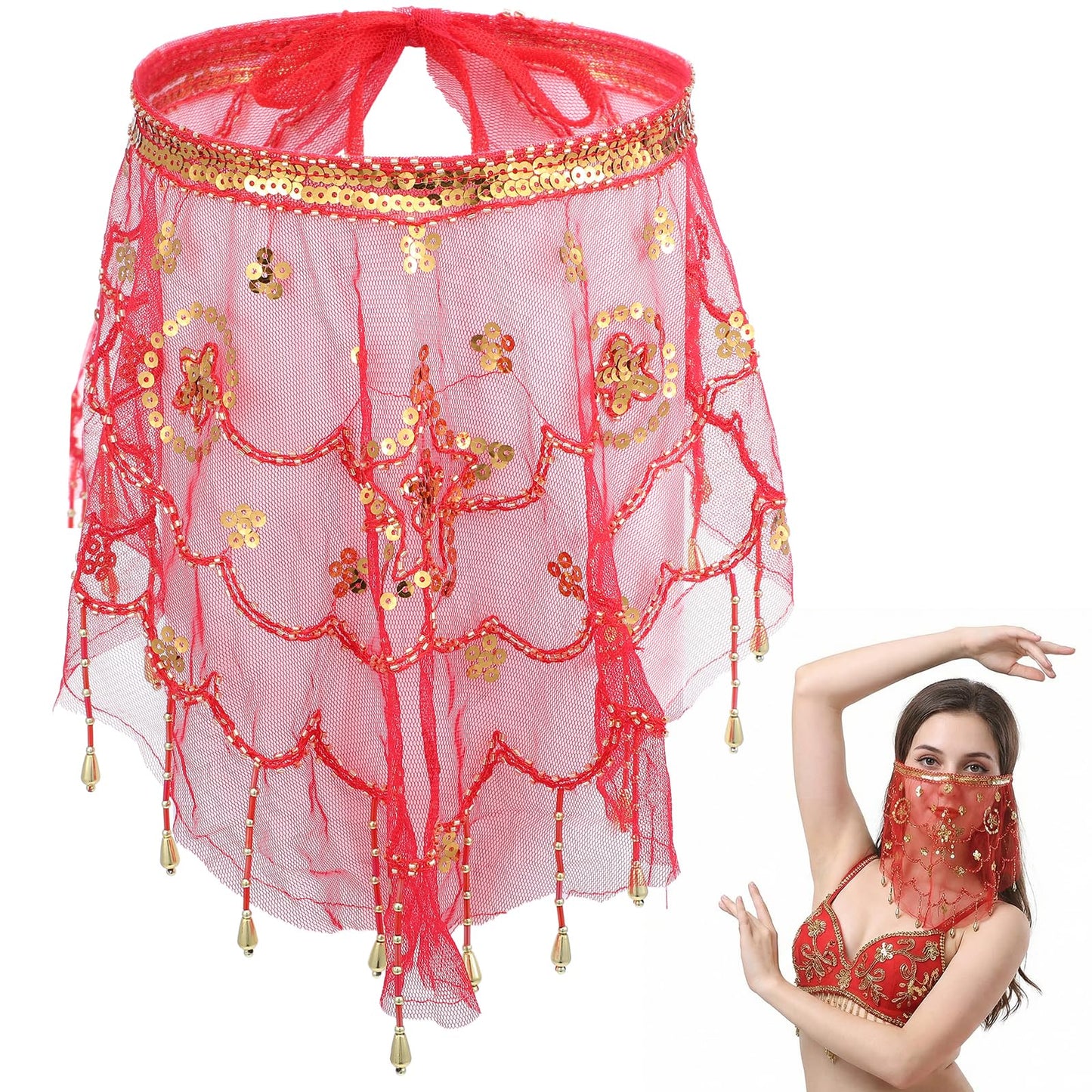 Womens Belly Dance Tribal Face Veil with Beads Sequins, Adjustable Belly Dance Costume with Strap for Halloween Cosplay Genie Arabian Theme Party Accessories Costume