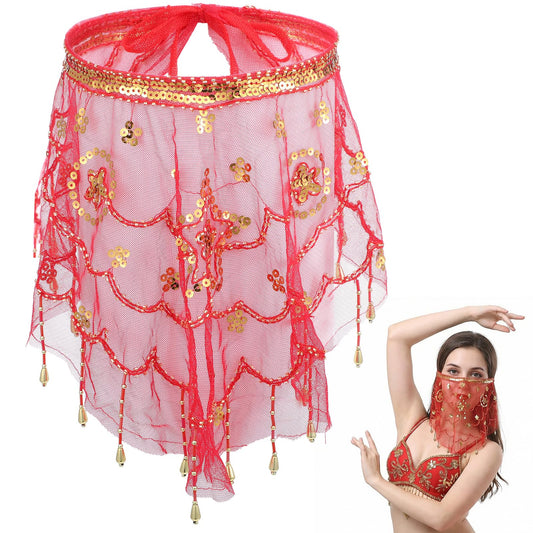 Womens Belly Dance Tribal Face Veil with Beads Sequins, Adjustable Belly Dance Costume with Strap for Halloween Cosplay Genie Arabian Theme Party Accessories Costume