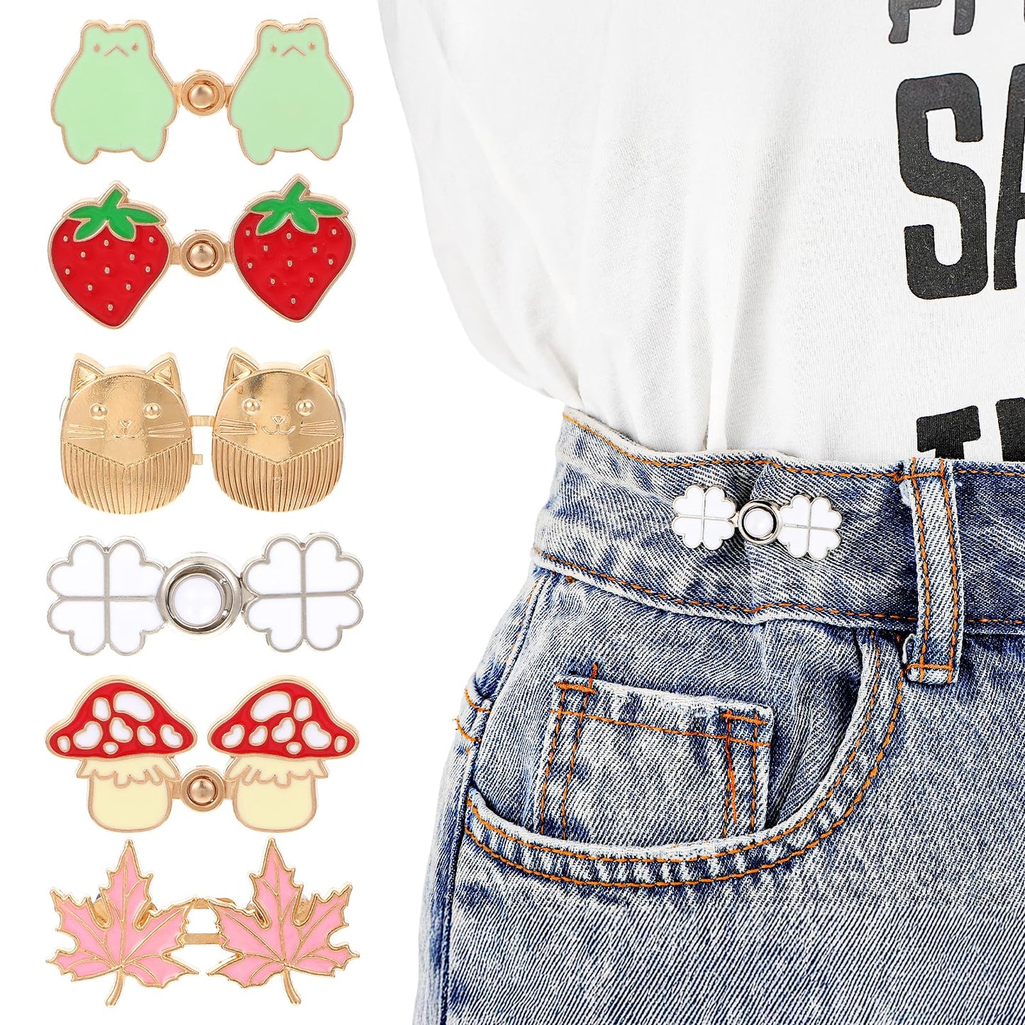 6pcs Adjustable Pant Waist Tightener,Cute Style Waist Tightener for Pants Women,Instant Jean Buttons for Loose Jeans No Sewing Detachable Buckles