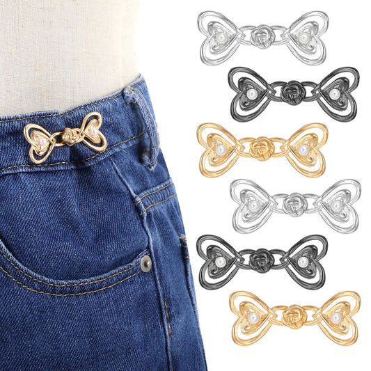 Lusofie 6 Pcs Pant Waist Tightener Adjustable Jean Buttons for Loose Jeans Detachable Pearl Heart Shape Buttons for Jeans No Sew Jean Clips to Tighten Waist for Jeans（Gold Silver Black）