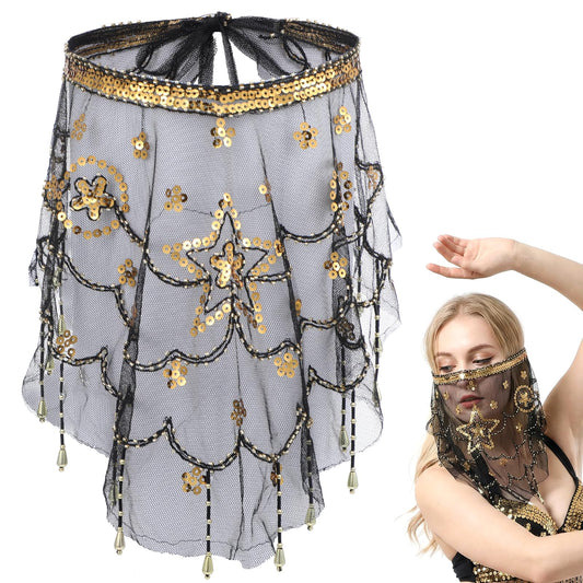 Belly Dance Costume,Belly Dance Face Veil with Beads Sequins Adjustable Strap for Halloween Cosplay, Arabian Princess, India DanceTheme Party Accessories
