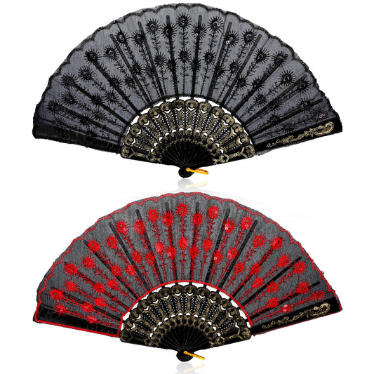 HaiFafafaing 2 Pieces Lace Spanish Fan, Foldable Hand Fan for 1920s Dancing Costume, Spanish Flamenco Gift, Photo Props, Prom, Decorations