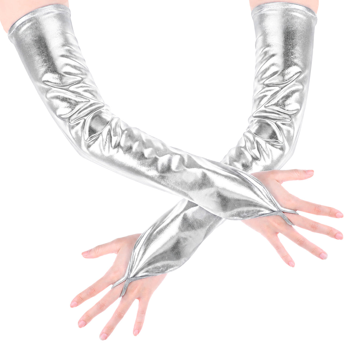 Yolev Metallic Gloves 20in Wet Look Long Fingerless Silver Gloves
