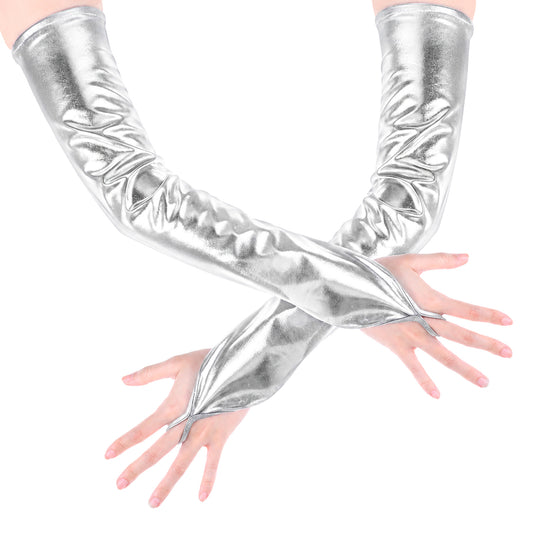 Yolev Metallic Gloves 20in Wet Look Long Fingerless Silver Gloves
