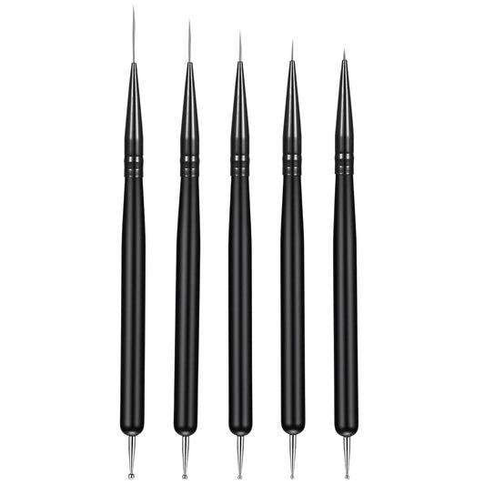 Nail Art Brushes Set - 5 Pcs Liner Brushes and Dotting Tools - Professional Nail Art Brush for Long Lines, Thin Details, Fine Drawing, Sizes 4/8/12/16/20mm