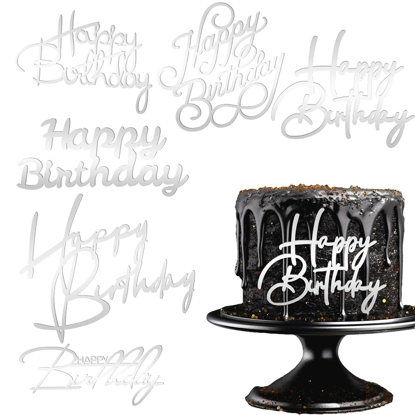 6 pcs Happy Birthday Cake Toppers Gold Cake Decorations Mirror Acrylic Cake Topper Side Cake Decorations Gold Cake Inserts for Birthday Party Cake Desserts Pastries(Silver)