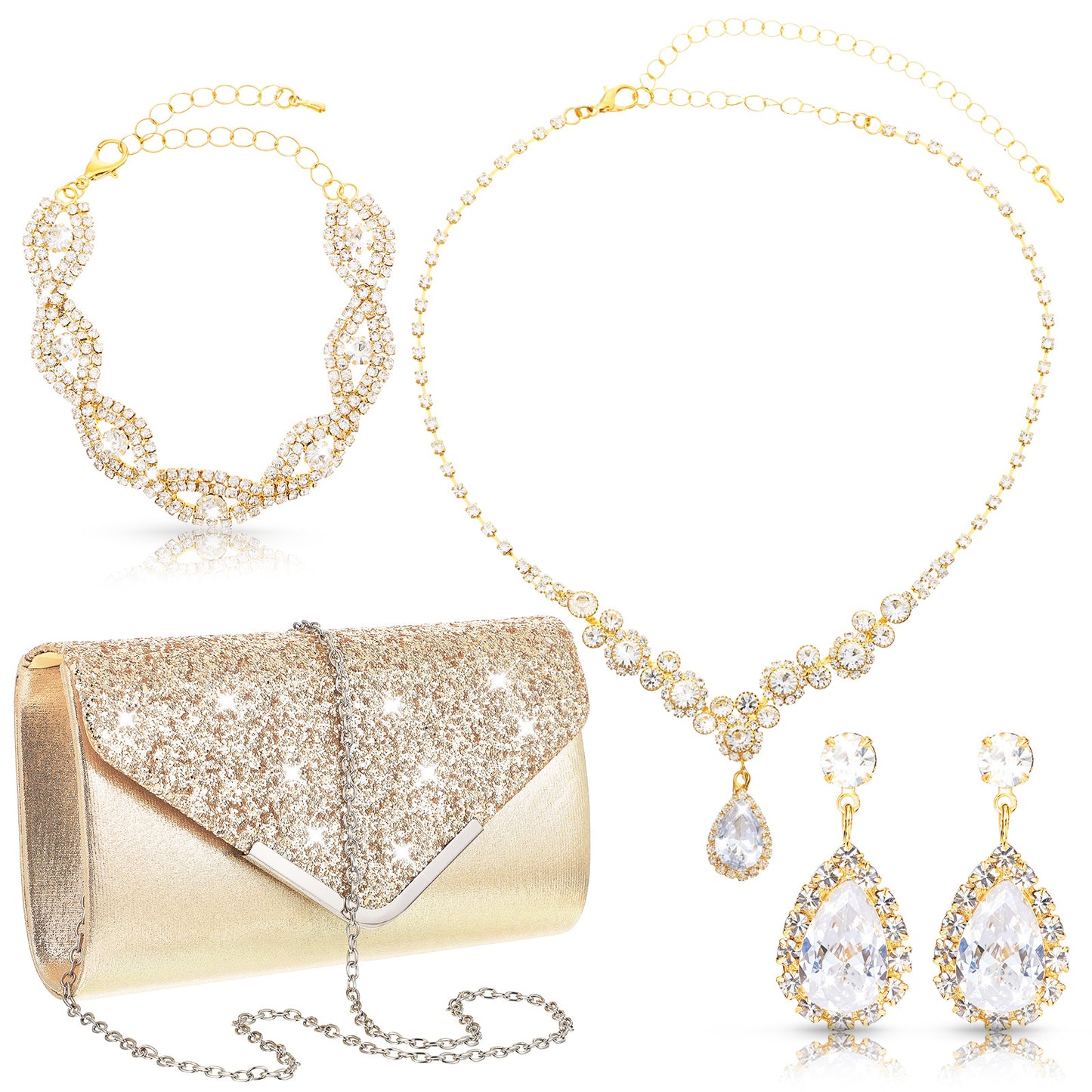 Yolev Bridal Jewellery Set with Gold Clutch Bag for Weddings Rhinestone Necklace, Bracelet, Earrings, Prom Jewelry for Brides & Bridesmaids