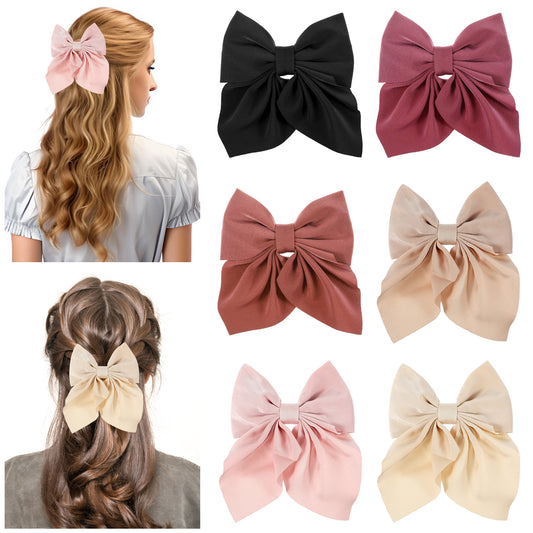6Pcs Hair Bows for Women Soft Oversized Hair Bow Clip nylon Cute Bow Clips for Girl Neutral Colors Hair Ribbon College style Japanese JK Lolita girl hair accessories(Color Mixing)