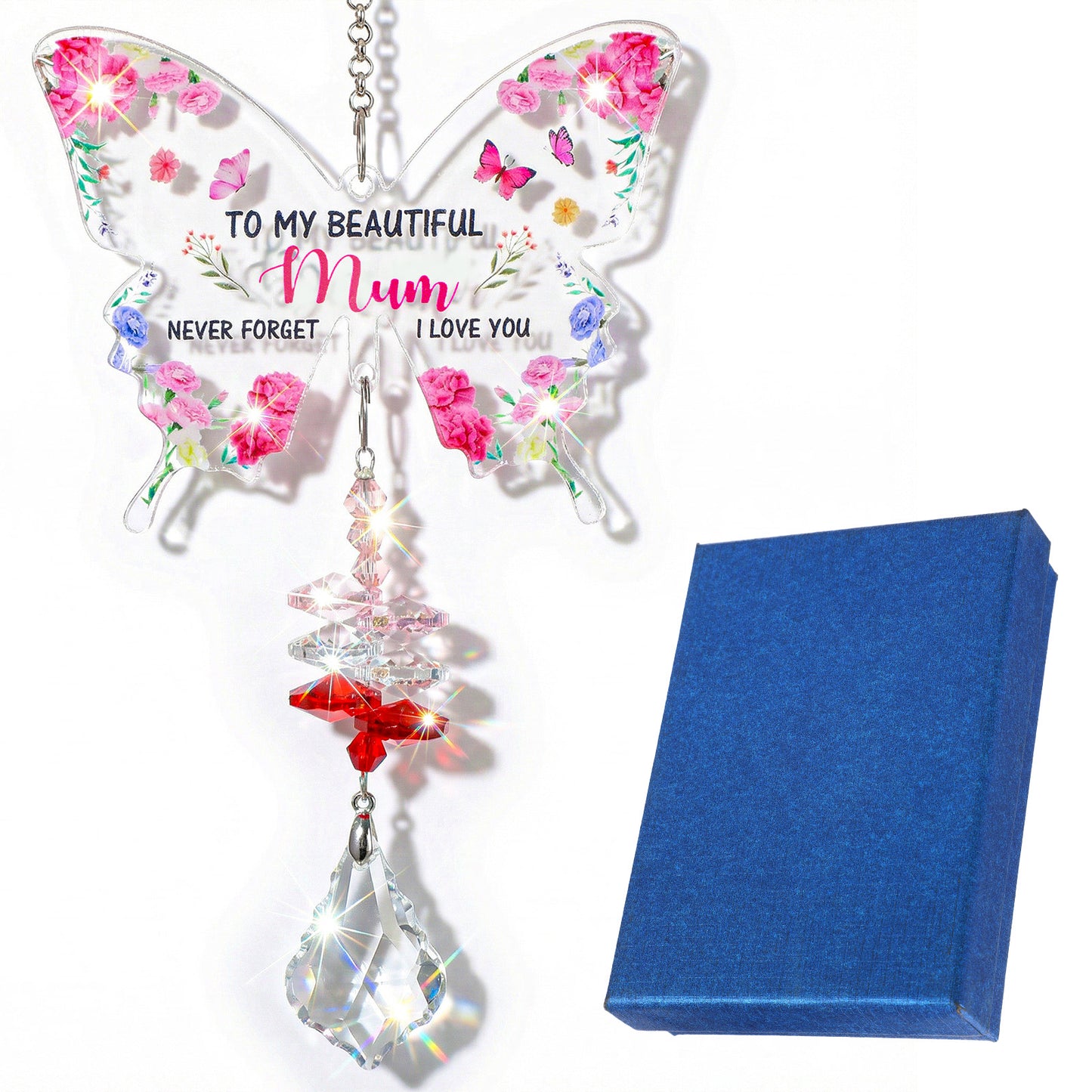 Butterfly Crystal Suncatcher Gift - Engraved Acrylic Pendant From Daughters Mum Dad - Birthday Christmas Wedding Graduation Present With Gift Box(Mum)