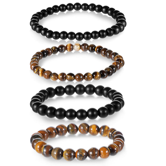 Neyauo Mens Beaded Bracelets 6 & 8mm Bead Bracelet Frosted Tiger Eye Bracelet with Elastic Rope for Men and Women