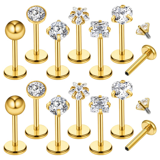HekouJiub 12Pcs Spiral Tragus Piercing Jewellery - Stainless Steel Labret Piercing Jewelry Flat Back Nose Stud with Zircon for Women Men