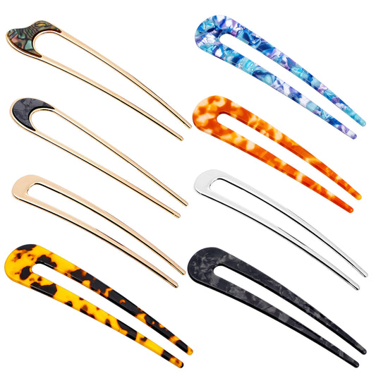 Yolev 8 Pieces U-shaped French Hair Pins Metal Chignon Hair Pins Acetate 2 Prong Bun Updo Hair Fork Hair Sticks Hairstyle Accessories for Women