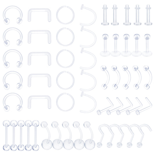 HaiFafafaing 55pcs Clear Piercing Retainer Plastic Nose Studs Septum Rings Flexible Lip Labret Stud Tongue Nipple Rings Cartilage Belly Eyebrow Bars Earring Retainer
