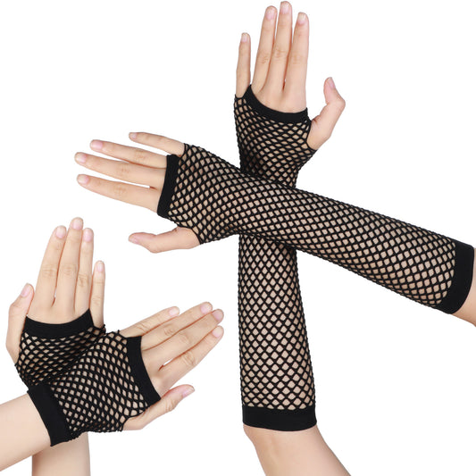 Fishnet Gloves, 6 Pairs Fingerless Fish Net Gloves for Women, Long and Short Stretch Retro Arm Sleeves Halloween Outfit(Black)
