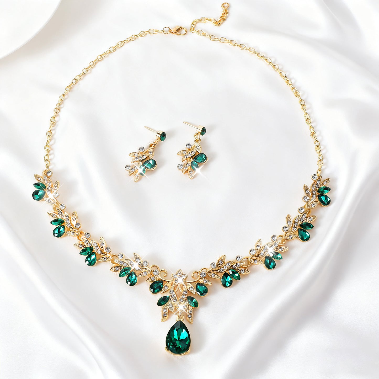 Telooco Wedding Jewelry Sets for Women Rhinestones Green Jewelry Sets for Women Luxurious Bridesmaids Bridal Necklaces Earrings, Elegant Accessories for Ball and Dinner Dresses