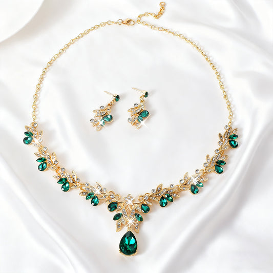 Telooco Wedding Jewelry Sets for Women Rhinestones Green Jewelry Sets for Women Luxurious Bridesmaids Bridal Necklaces Earrings, Elegant Accessories for Ball and Dinner Dresses