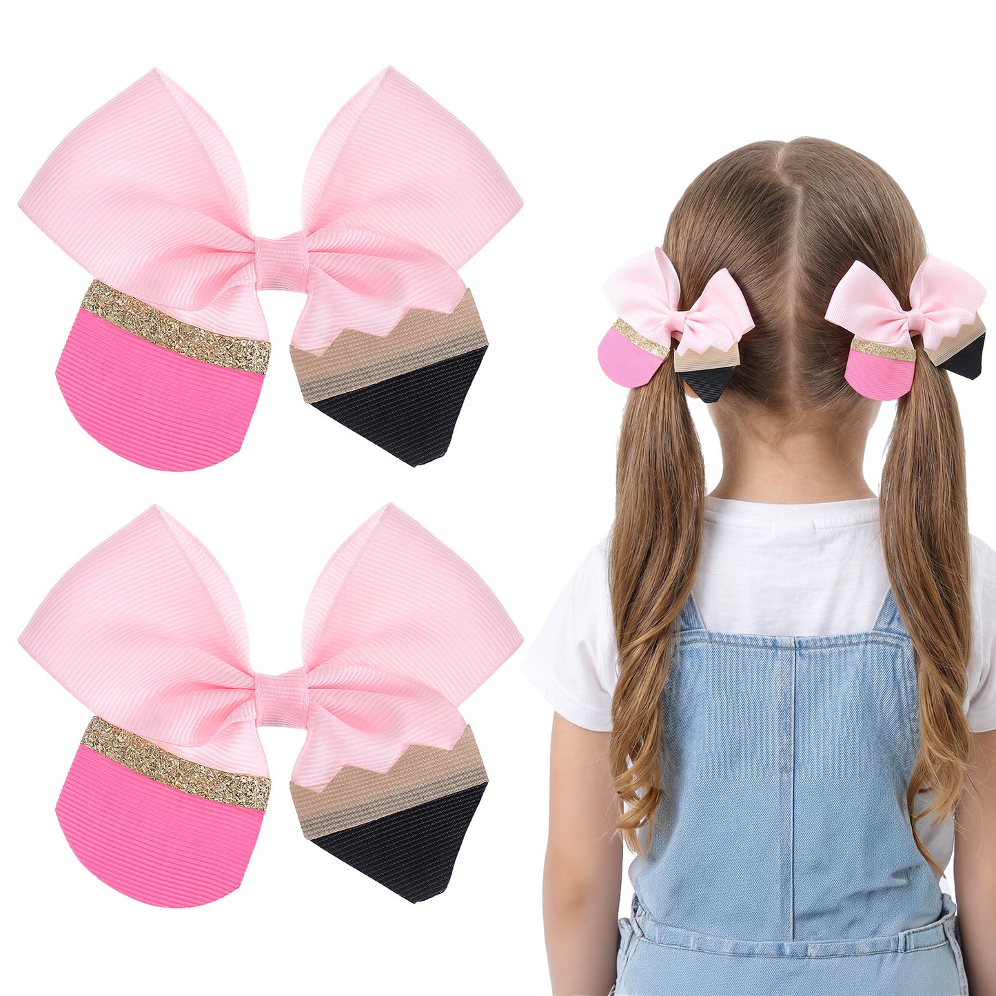 2Pcs Bow Hair Clips, Pink Pencil Bow Clips, Back to School Hairpin Cute Hair Clips Hair Accessories for Teacher Student First Day of School Gifts
